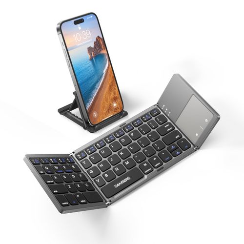 Foldable Bluetooth Keyboard with Touchpad - Portable Wireless Keyboard with Holder, Rechargeable Full Size Ultra Slim Pocket Folding Keyboards for Android Windows iOS Tablet & Laptop