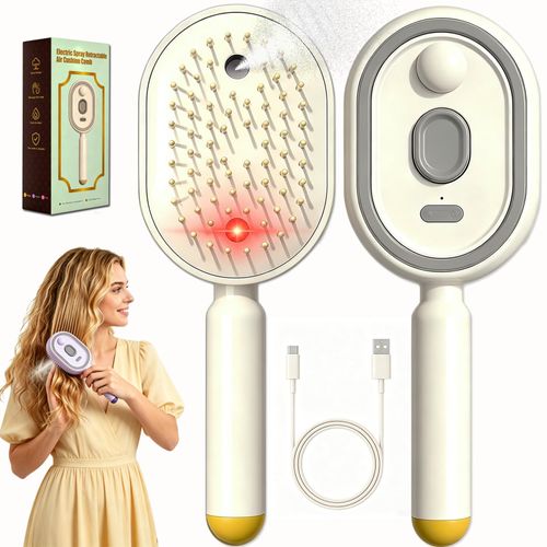 2026 Upgrade Electric Spray Air Cushion Massage Comb, 5-in-1 Self-Cleaning Steam Brush for Hair, Anti-Tangle Gloss Detangling Air Cushion Brush for Dry Frizzy Long Short Women Hair
