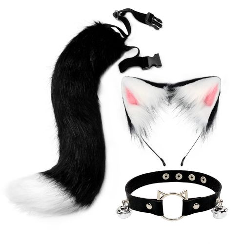 Cat Ears and Wolf Fox Animal Tail Cosplay Costume Faux Fur Hair Clip Headdress Halloween Leather Neck Chocker Set