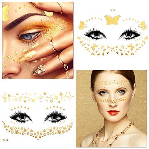 30 Sheets Gold Glitter Freckles Face Tattoo Sparkle Face Makeup Patches Metallic Face Tattoo Sticker Temporary Transfer Tattoo Parties Decor for Halloween Christmas Women Makeup Dancer Costume
