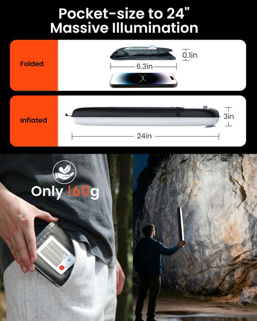 26" Inflatable Solar Camping Lantern,Magnetic LED Tube Light with USB-C 1800mAh Phone Charger,IP66 Waterproof TPU Tent Light for Hurricane Emergency,Backpacking & Off-Grid Survival