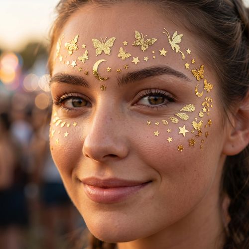 30 Sheets Gold Glitter Freckles Face Tattoo Sparkle Face Makeup Patches Metallic Face Tattoo Sticker Temporary Transfer Tattoo Parties Decor for Halloween Christmas Women Makeup Dancer Costume