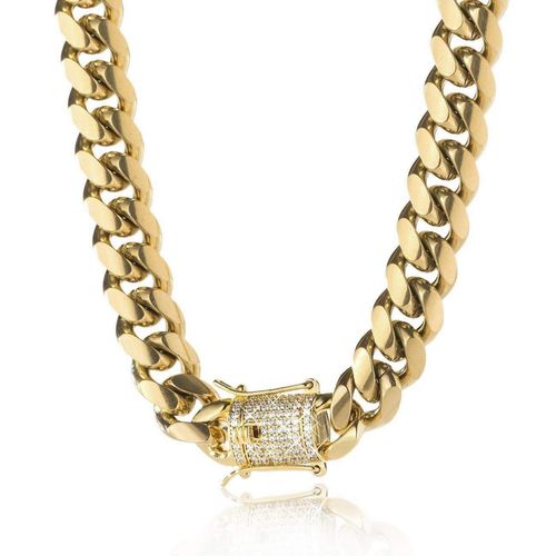 14K REAL Gold Plated Miami Cuban Link Chain 316L Stainless Steel Necklace or Bracelet with Iced Out Diamond Clasp for Men Women(Custom Box and Pouch Packing, Christmas Gift)