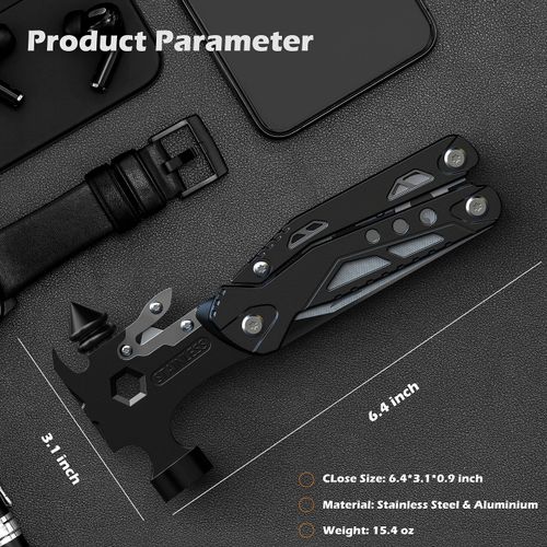 Camping Essentials Multitool,16 in 1 Multi Tool Survival Gear with Hammer, Pliers, Knife, Screwdrivers, Bottle Opener & Car Safety Hammer, for Camping, Hiking, Gift for Dad Him