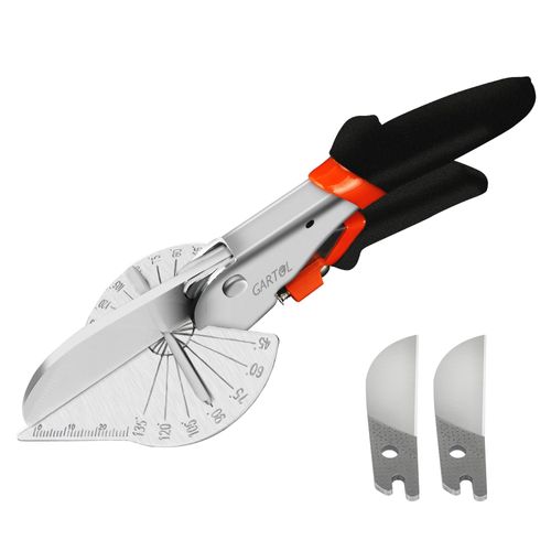 Miter Shears, 45-135 Degree Adjustable Angle Scissors, Quarter Round Cutter Tool with Spare SK5 Blades, Trunking Shears for Cutting PVC, Trim and Softwood Moulding