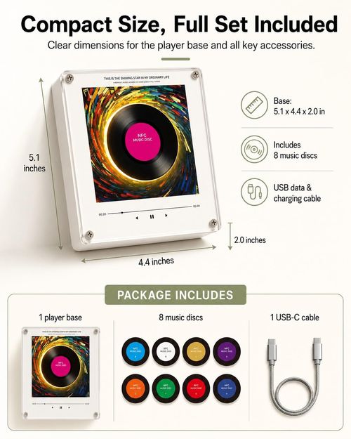Magnetic Fridge Music Player, Refrigerator Magnet Record Player, Magnetic Vinyl Music Box, 9 PCS Custom Music Player NFC Enabled with LED Light, Unique Anniversary Birthday Gift