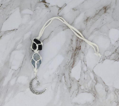 Crystal Hanging Car Charm - 2-Pack Rose Quartz & Amethyst + Black Tourmaline & Blue Calcite - Dangling Moon & Healing Crystal Accessories, Rearview Mirror Decorations – Protection, Energy