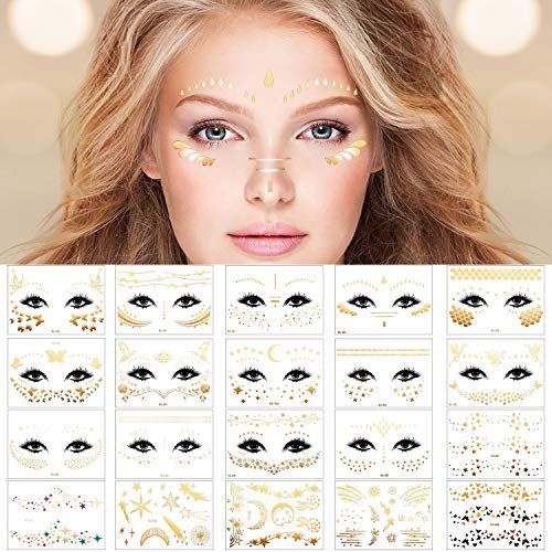 30 Sheets Gold Glitter Freckles Face Tattoo Sparkle Face Makeup Patches Metallic Face Tattoo Sticker Temporary Transfer Tattoo Parties Decor for Halloween Christmas Women Makeup Dancer Costume