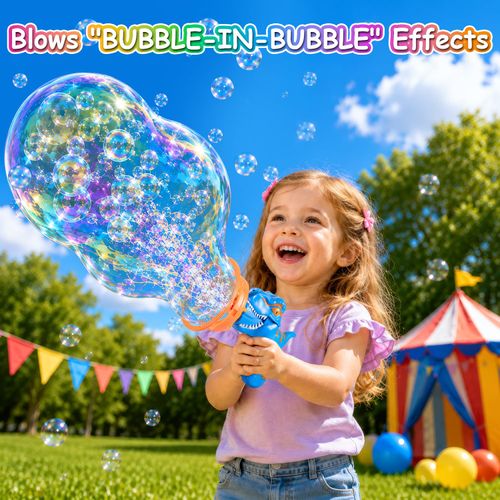 Dinosaur Shaped Bubble Gun for Kids - Blows Over 1000 Bubbles per Minute & Creates Giant Bubbles, Birthday, Christmas & Easter Gift for Boys & Girls