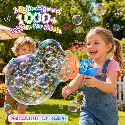 Dinosaur Shaped Bubble Gun for Kids - Blows Over 1000 Bubbles per Minute & Creates Giant Bubbles, Birthday, Christmas & Easter Gift for Boys & Girls