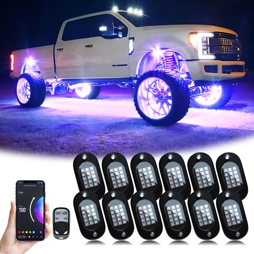 RGB LED Rock Lights, 180 LEDs Lights with Phone App/Remote Control & Timing & Music Mode Rock Lights Kits, Waterproof Underglow Light for ATV RZR UTV SUV Off Road AUTO Motorcycle (12 Pods)