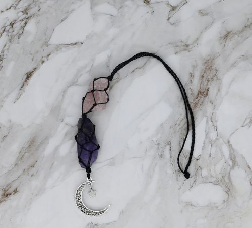 Crystal Hanging Car Charm - 2-Pack Rose Quartz & Amethyst + Black Tourmaline & Blue Calcite - Dangling Moon & Healing Crystal Accessories, Rearview Mirror Decorations – Protection, Energy