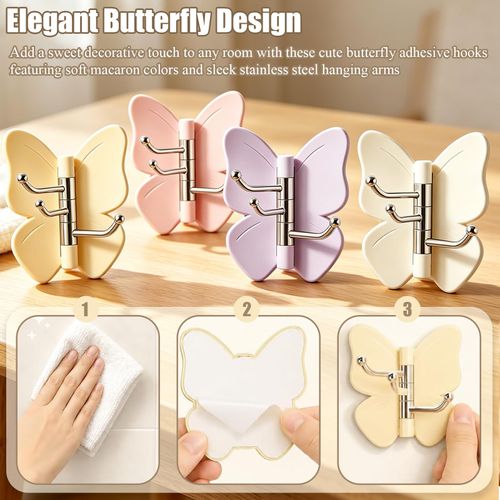12 Pack Rotating Butterfly Adhesive Wall Hooks, 270° Swivel 3-Prong Towel Hangers with Adjustable Wings, Heavy Duty No-Drill Corner Stick-on Hooks for Bathroom, Kitchen & Entryway (12 Pack)