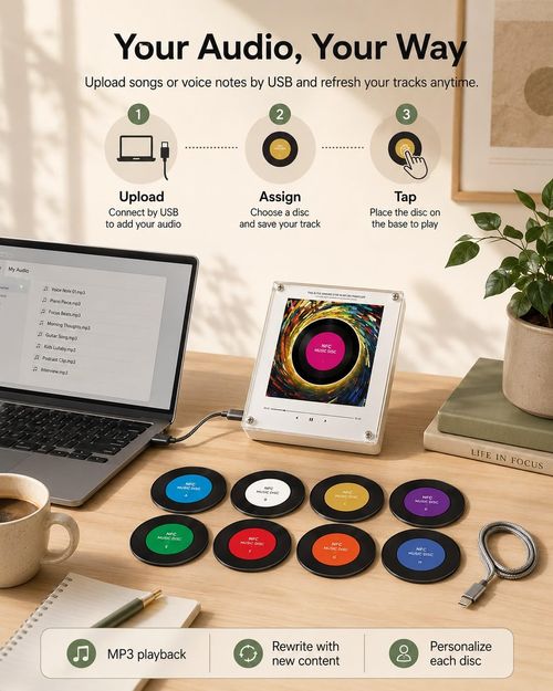 Magnetic Fridge Music Player, Refrigerator Magnet Record Player, Magnetic Vinyl Music Box, 9 PCS Custom Music Player NFC Enabled with LED Light, Unique Anniversary Birthday Gift