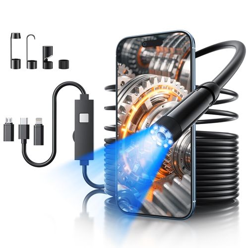 Endoscope Camera with Light, 1920P HD Bore Scope Borescope with 8 Lights, Waterproof 16.4FT Semi-Rigid Cord for Pipe Inspection, Industrial Endoscope for Phones