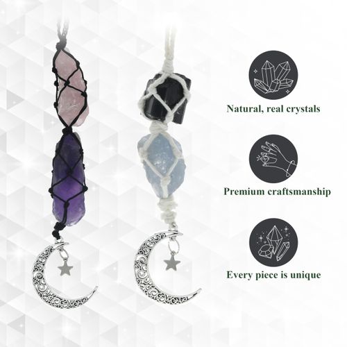 Crystal Hanging Car Charm - 2-Pack Rose Quartz & Amethyst + Black Tourmaline & Blue Calcite - Dangling Moon & Healing Crystal Accessories, Rearview Mirror Decorations – Protection, Energy