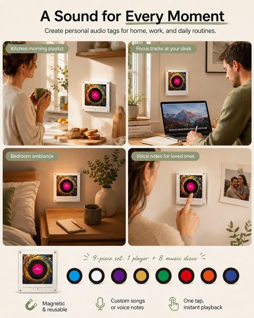 Magnetic Fridge Music Player, Refrigerator Magnet Record Player, Magnetic Vinyl Music Box, 9 PCS Custom Music Player NFC Enabled with LED Light, Unique Anniversary Birthday Gift