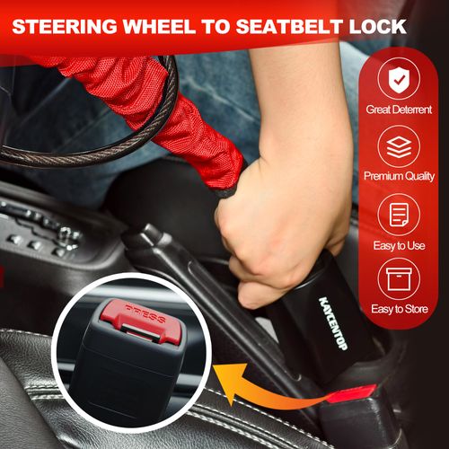 Car Steering Wheel Lock, Seat Belt Lock, Anti-Theft Device, Max 17 Inch Length, Small and Light-Weight, Multi-Functional, Fit Most Vehicle, SUV, Golf Cart Security