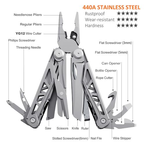 Multitool, 16-in-1 Stainless Steel Multi Tool Pliers with Self-Locking, Pocket Knife, Nylon Sheath, Professional (EDC) Multi-Tool for Survival, Camping and Hunting, Hiking, Gifts for Men