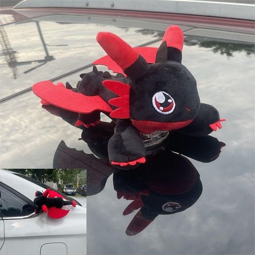 Car Accessory Little Flying Dragon Plush, Car Exterior Cool Roof Decoration Toy, Ornamen Accessories with Suction Cup, Flying Dragon Stuffed Plush Animal with Movable Wings - Red Black 13 Icnh