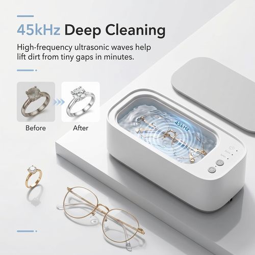 Ultrasonic Jewelry Cleaner Machine, 45kHz Rechargeable Household Ultrasonic Cleaner for Jewelry, Eyeglasses, Rings, Watch Straps, Dentures, Portable with 3 Cleaning Modes and Auto Shut-Off