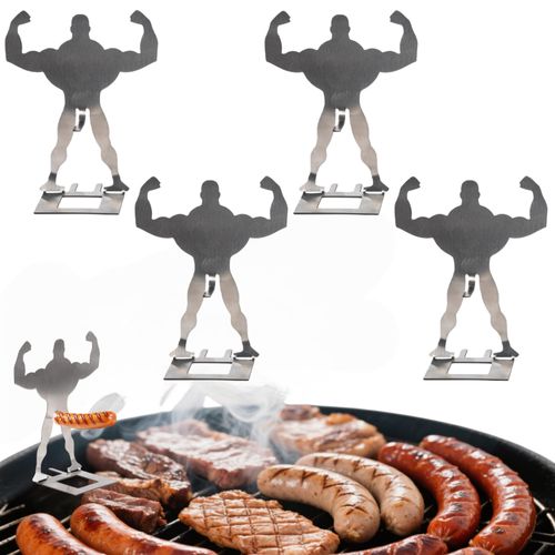 4 PCS Funny BBQ Stand Muscle Man Hot Dog Holder | Reusable Stainless Steel Hotdog and Sausage Stand | Portable Hot Dog Roaster | Barbecue Grill Accessories | Funny Birthday Gifts for Men