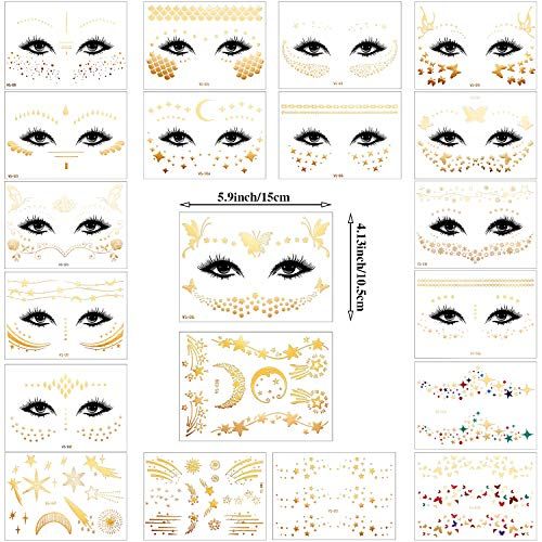 30 Sheets Gold Glitter Freckles Face Tattoo Sparkle Face Makeup Patches Metallic Face Tattoo Sticker Temporary Transfer Tattoo Parties Decor for Halloween Christmas Women Makeup Dancer Costume