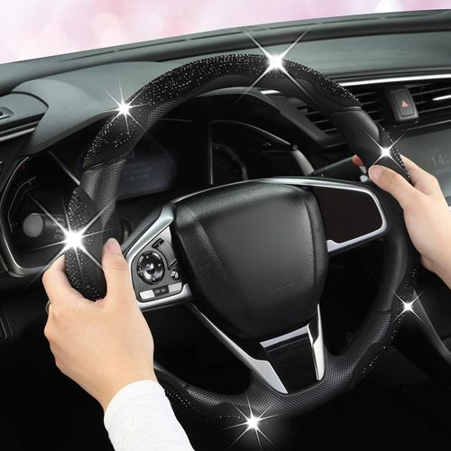 Diamond Bling Car Steering Wheel Cover with Crystal Rhinestones,3PCS Segmented Steering Wheel Protector,Universal for 99% Cars for Men and Women(Black with Black Diamond)