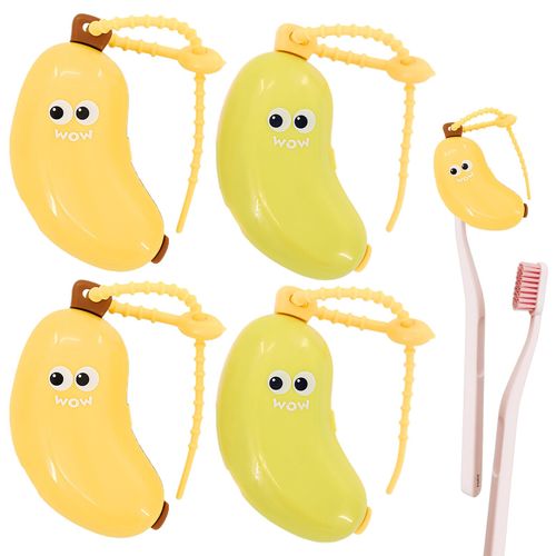 4 Pcs Banana Toothbrush Cover, Banana-Shaped Toothbrush Travel Case with Toothpaste Dispenser, Portable Brush Travel Case for Home Travel Outdoor Camping