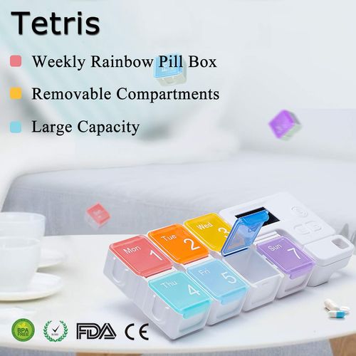 7 Days Pill Dispenser Organizer with Reminder Alarm - Portable Travel Vitamins Medicine Box Case(Rainbow)