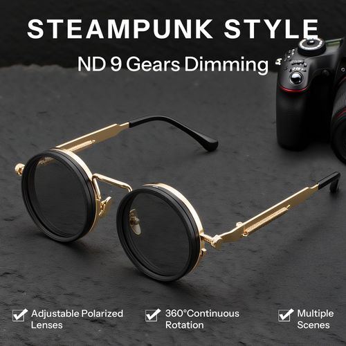 Adjustable Tint Sunglasses Polarized Men, 1-9 Gear Manual Dimming, Steampunk Round Metal Frame