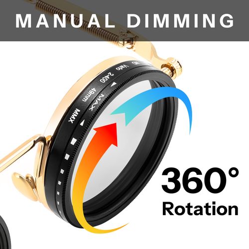 Adjustable Tint Sunglasses Polarized Men, 1-9 Gear Manual Dimming, Steampunk Round Metal Frame