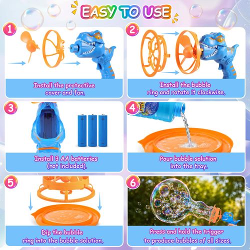 Dinosaur Shaped Bubble Gun for Kids - Blows Over 1000 Bubbles per Minute & Creates Giant Bubbles, Birthday, Christmas & Easter Gift for Boys & Girls