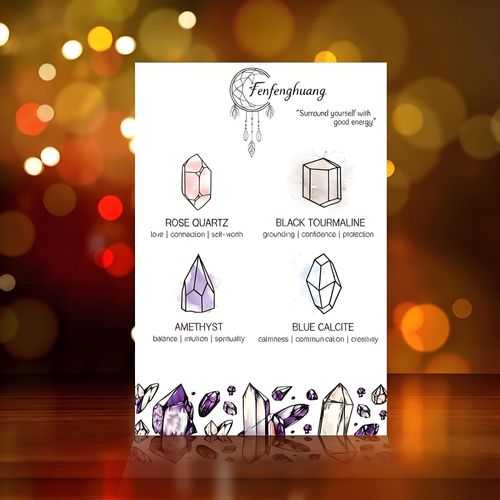 Crystal Hanging Car Charm - 2-Pack Rose Quartz & Amethyst + Black Tourmaline & Blue Calcite - Dangling Moon & Healing Crystal Accessories, Rearview Mirror Decorations – Protection, Energy