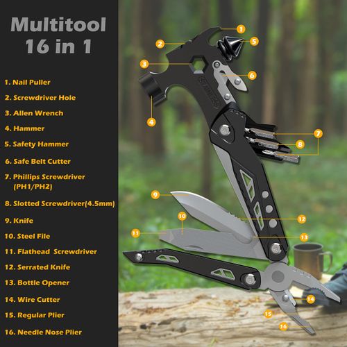 Camping Essentials Multitool,16 in 1 Multi Tool Survival Gear with Hammer, Pliers, Knife, Screwdrivers, Bottle Opener & Car Safety Hammer, for Camping, Hiking, Gift for Dad Him