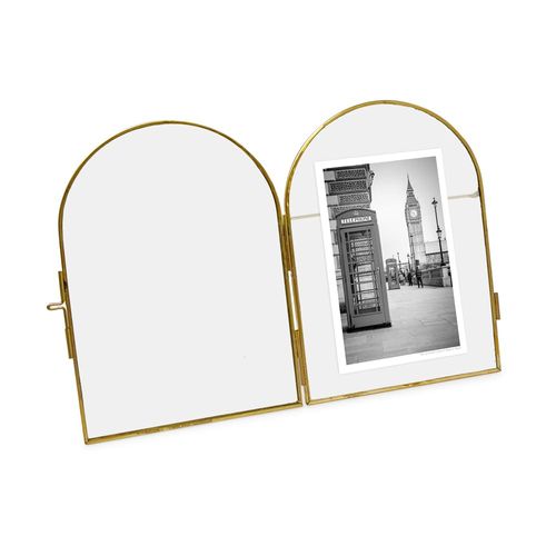 4x6 Vintage Style, Arched Brass & Glass Metal Floating Picture Frame with Locket Closure (Vertical), Made for Tabletop Display (4x6 Vertical, Antique Gold)