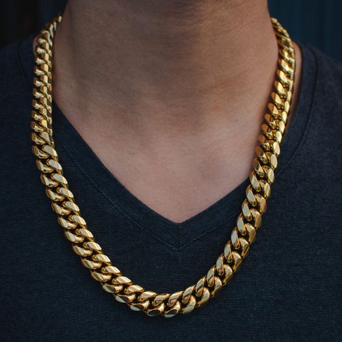 14K REAL Gold Plated Miami Cuban Link Chain 316L Stainless Steel Necklace or Bracelet with Iced Out Diamond Clasp for Men Women(Custom Box and Pouch Packing, Christmas Gift)