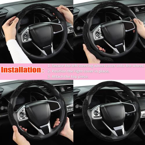 Diamond Bling Car Steering Wheel Cover with Crystal Rhinestones,3PCS Segmented Steering Wheel Protector,Universal for 99% Cars for Men and Women(Black with Black Diamond)