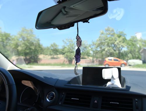 Crystal Hanging Car Charm - 2-Pack Rose Quartz & Amethyst + Black Tourmaline & Blue Calcite - Dangling Moon & Healing Crystal Accessories, Rearview Mirror Decorations – Protection, Energy