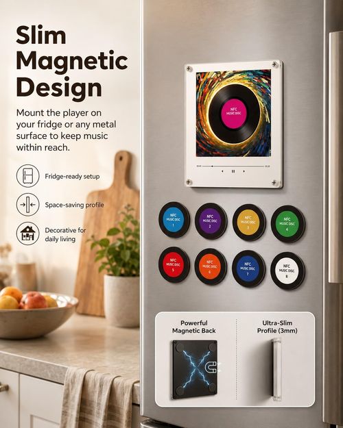 Magnetic Fridge Music Player, Refrigerator Magnet Record Player, Magnetic Vinyl Music Box, 9 PCS Custom Music Player NFC Enabled with LED Light, Unique Anniversary Birthday Gift