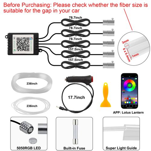 Interior Car LED Strip Lights APP Control, 5 in 1 RGB 16 Million Colors Ambient Lighting Kit with 236 inches Fiber Optic, Music Mode Inside Car Lighting Decorations