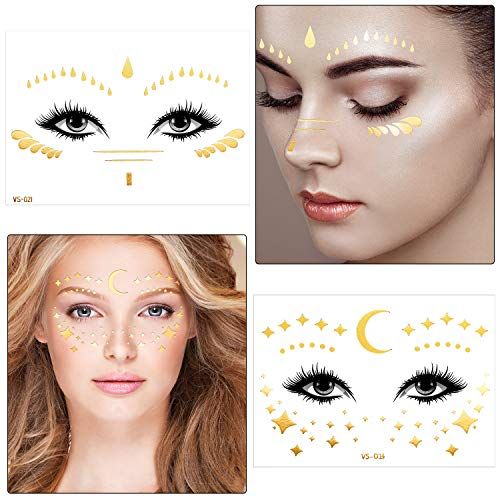 30 Sheets Gold Glitter Freckles Face Tattoo Sparkle Face Makeup Patches Metallic Face Tattoo Sticker Temporary Transfer Tattoo Parties Decor for Halloween Christmas Women Makeup Dancer Costume