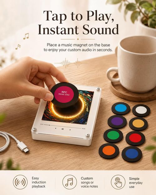 Magnetic Fridge Music Player, Refrigerator Magnet Record Player, Magnetic Vinyl Music Box, 9 PCS Custom Music Player NFC Enabled with LED Light, Unique Anniversary Birthday Gift