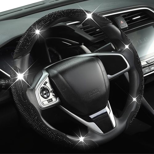 Diamond Bling Car Steering Wheel Cover with Crystal Rhinestones,3PCS Segmented Steering Wheel Protector,Universal for 99% Cars for Men and Women(Black with Black Diamond)