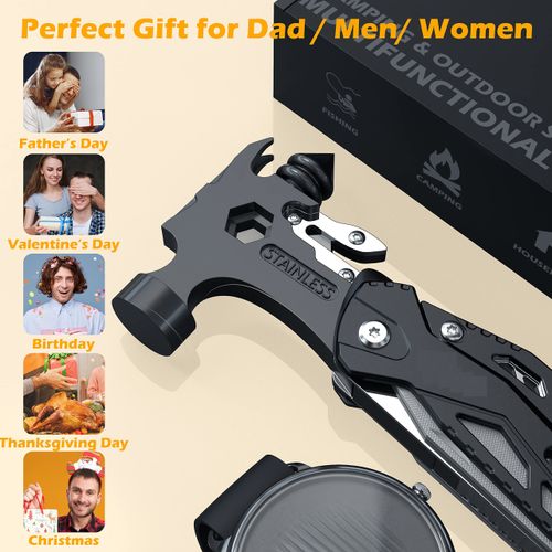 Camping Essentials Multitool,16 in 1 Multi Tool Survival Gear with Hammer, Pliers, Knife, Screwdrivers, Bottle Opener & Car Safety Hammer, for Camping, Hiking, Gift for Dad Him