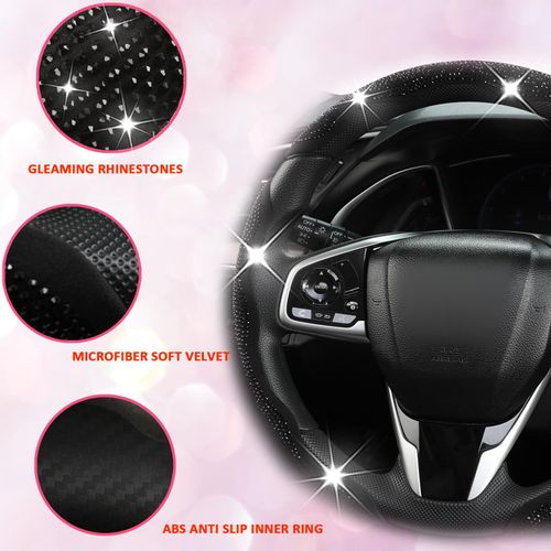 Diamond Bling Car Steering Wheel Cover with Crystal Rhinestones,3PCS Segmented Steering Wheel Protector,Universal for 99% Cars for Men and Women(Black with Black Diamond)