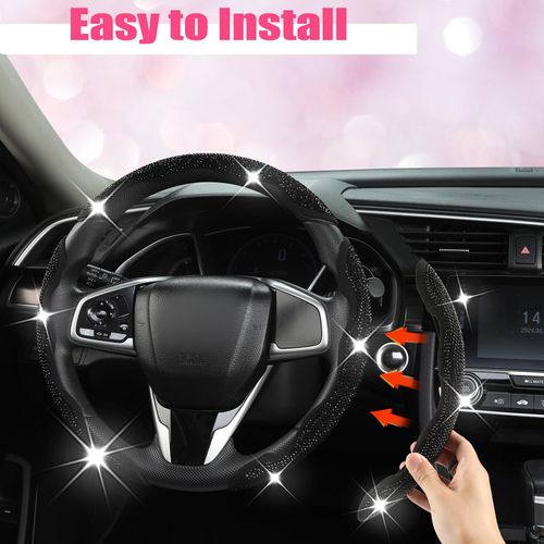 Diamond Bling Car Steering Wheel Cover with Crystal Rhinestones,3PCS Segmented Steering Wheel Protector,Universal for 99% Cars for Men and Women(Black with Black Diamond)