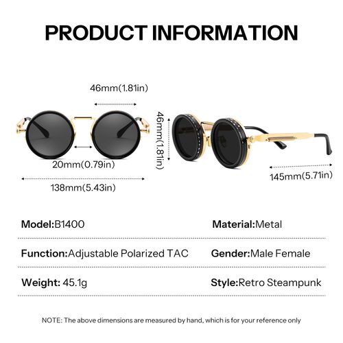Adjustable Tint Sunglasses Polarized Men, 1-9 Gear Manual Dimming, Steampunk Round Metal Frame