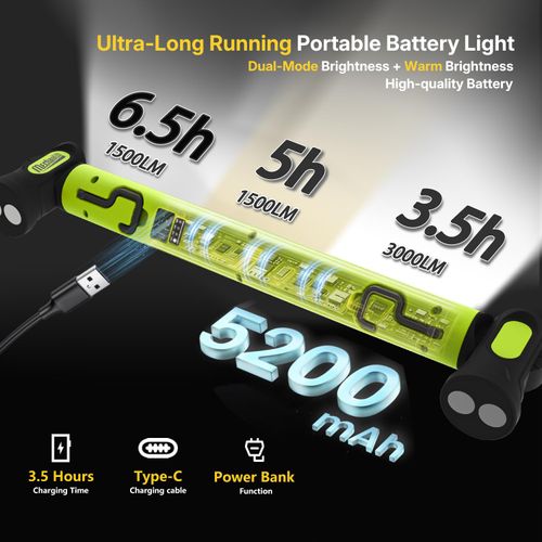 Under Hood Work Light Bar, 3000LM LED Magnetic Light Bar with Hooks, 5200mAh Cordless Rechargeable Hood Light Fathers Day Dad Gifts for Men/Mechanic/Car Repairing/Garage-Gree