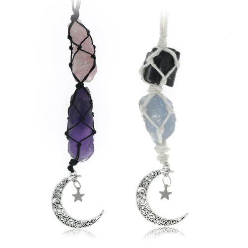 Crystal Hanging Car Charm - 2-Pack Rose Quartz & Amethyst + Black Tourmaline & Blue Calcite - Dangling Moon & Healing Crystal Accessories, Rearview Mirror Decorations – Protection, Energy